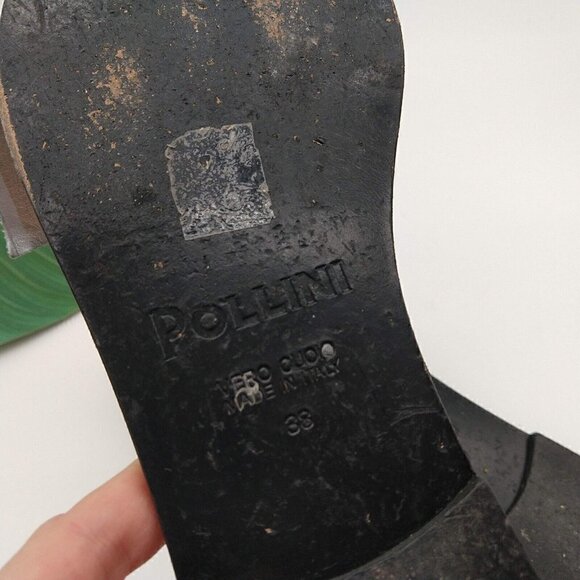 Pollini Italy Black Silver Slip On Bow Sandals Size 38 7 7.5 Metallic Open Toe - Picture 6 of 7